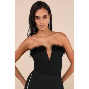 Lulus Desirable Aesthetic Black Feather Strapless Bodysuit - Size XS